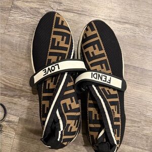 Fendi Black and Tan Logo Slip-On Shoes